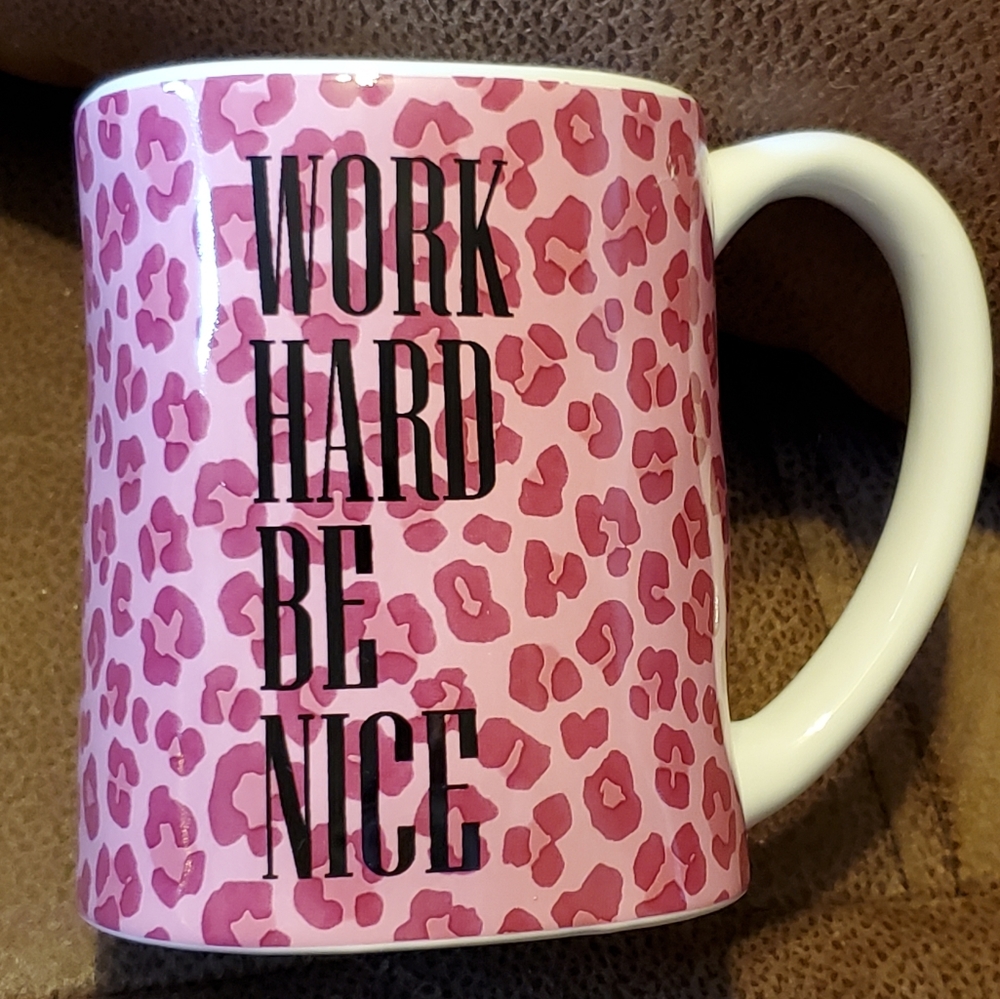 Work Hard Be Nice pink cheetah print coffee mug